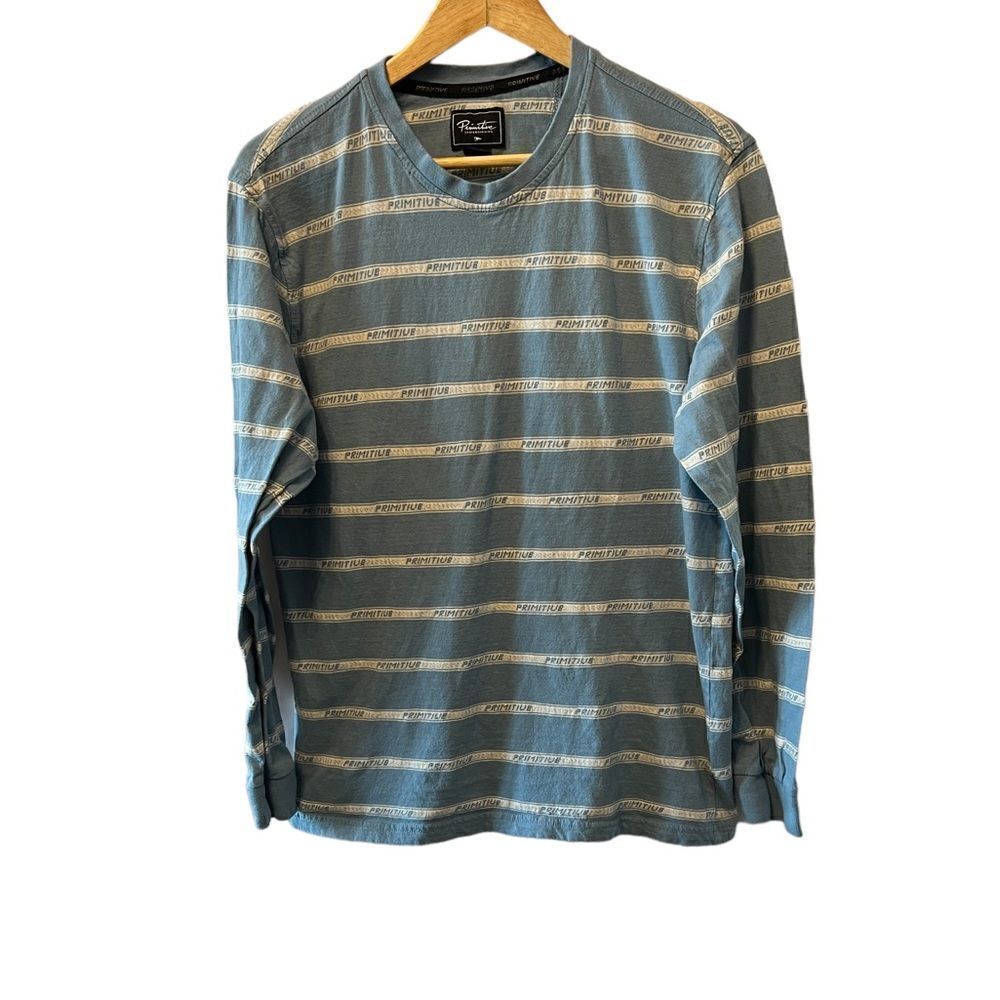 MENS PRIMITIVE Blue Graphic Striped Print Long Sleeve Cotton Casual Tee Shirt L